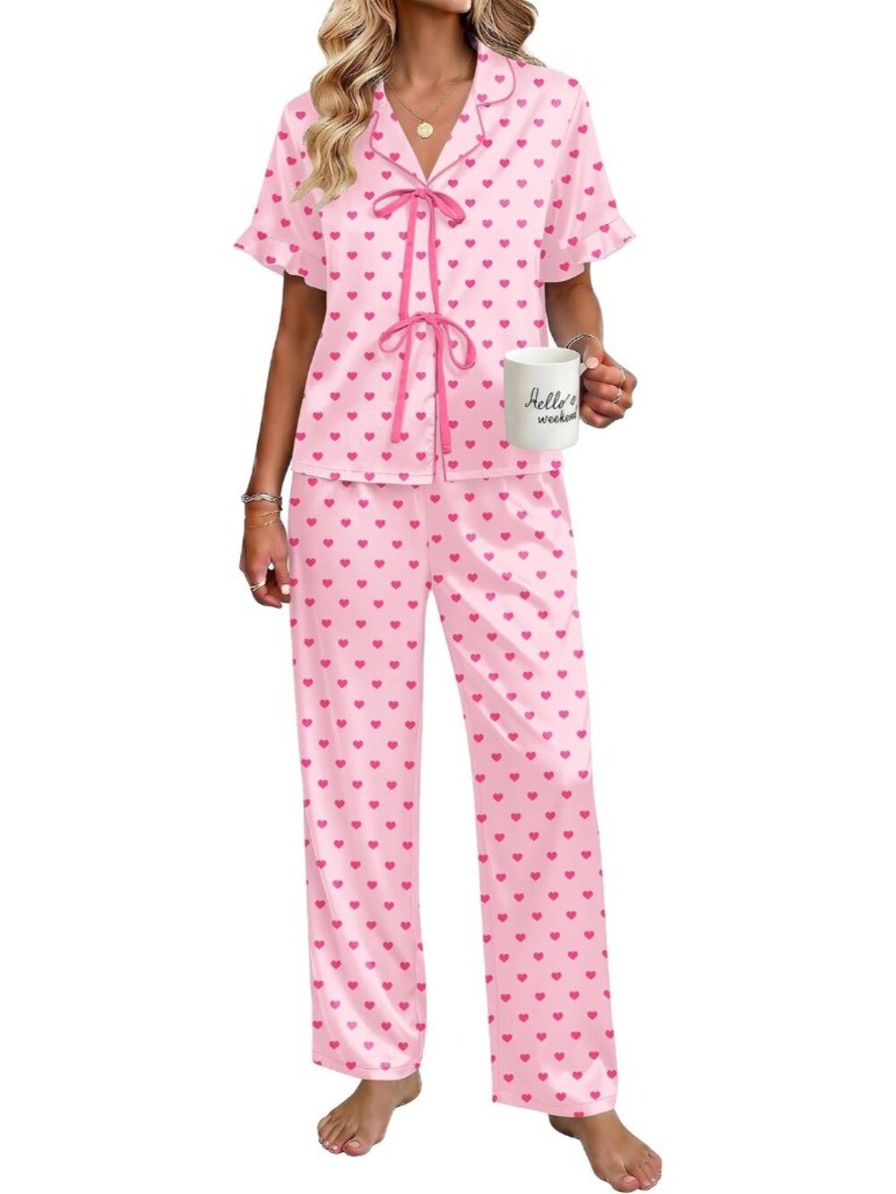 Women's Pink Heart Silky Tie Front Ruffle breathable Sleepwear Pajama Sets